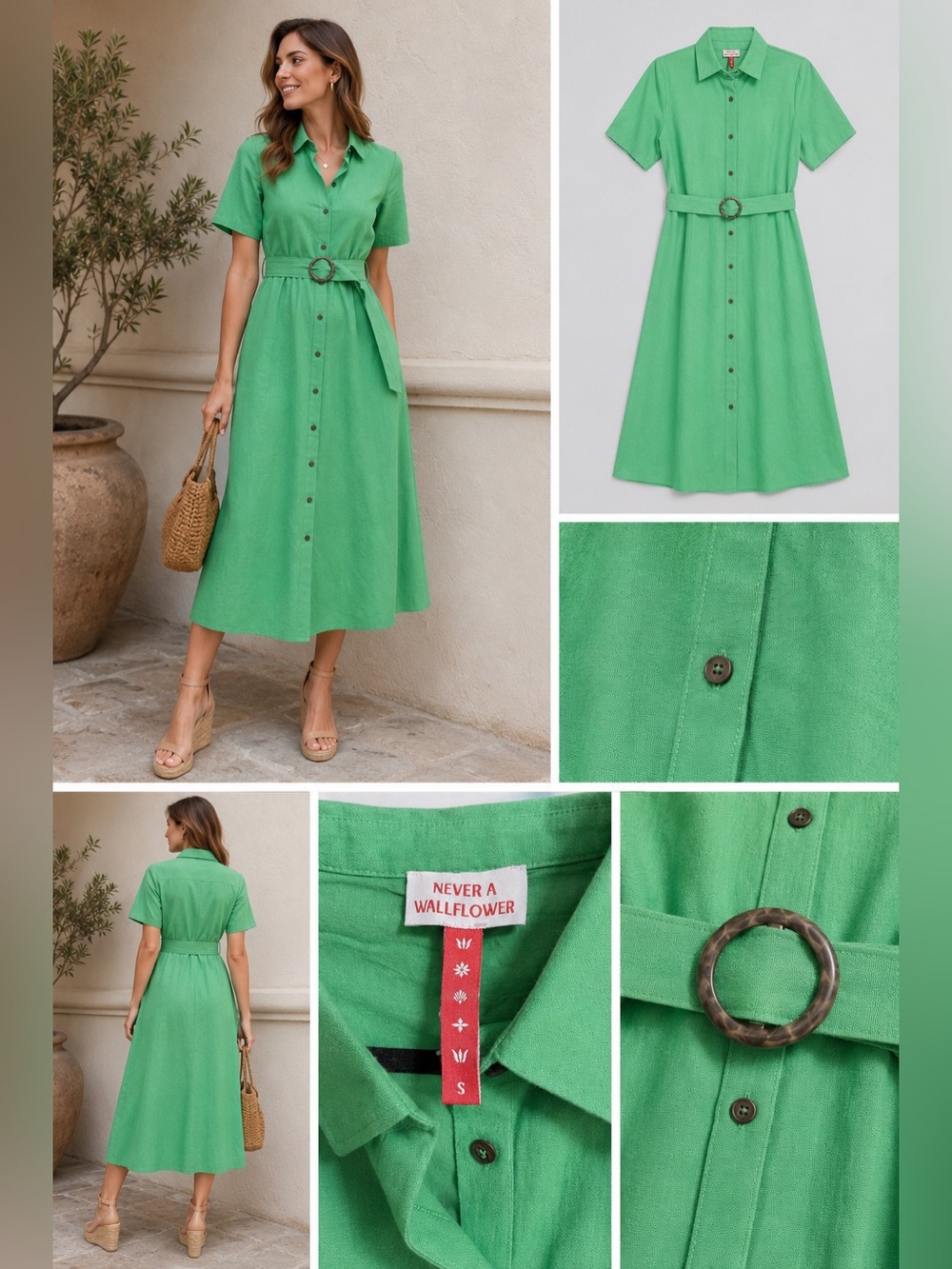 New Never a Wallflower Kelley Green Button-Front Midi Dress with Belt Womens S